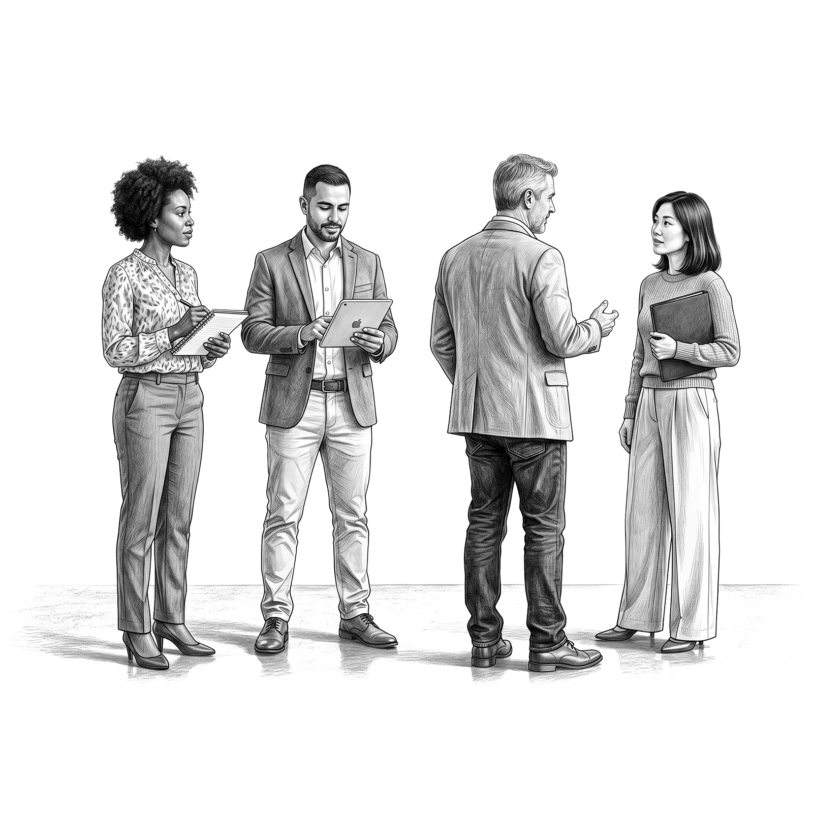 Illustration of business professionals in conversation and collaboration, representing leadership assessment, executive coaching, and talent development through RHR’s Leadership Assessment, Coaching, and Development Solutions.