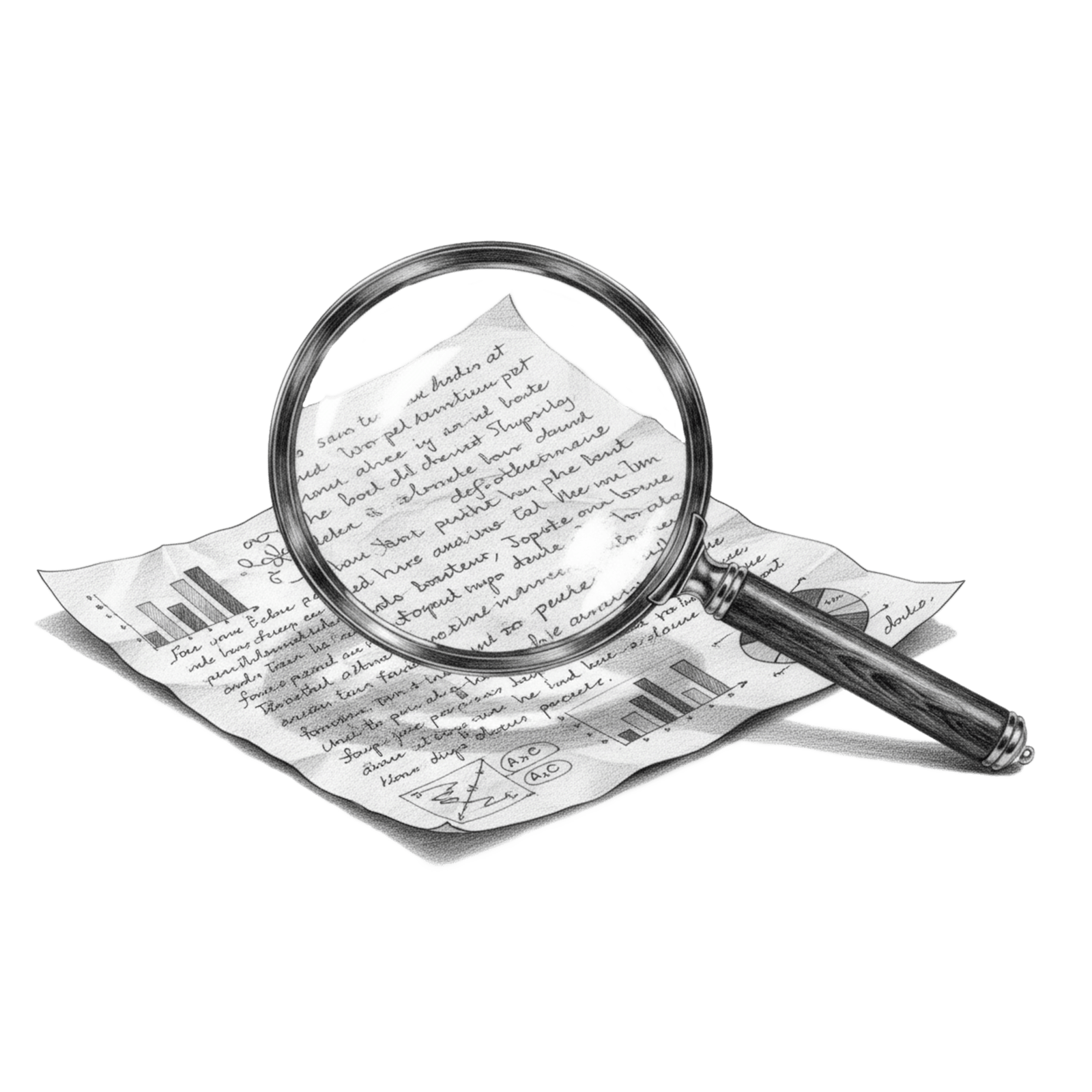 Illustration of a magnifying glass over documents and charts, representing leadership insight, talent evaluation, and strategic assessment through RHR’s Leadership Assessment, Coaching, and Development Solutions.