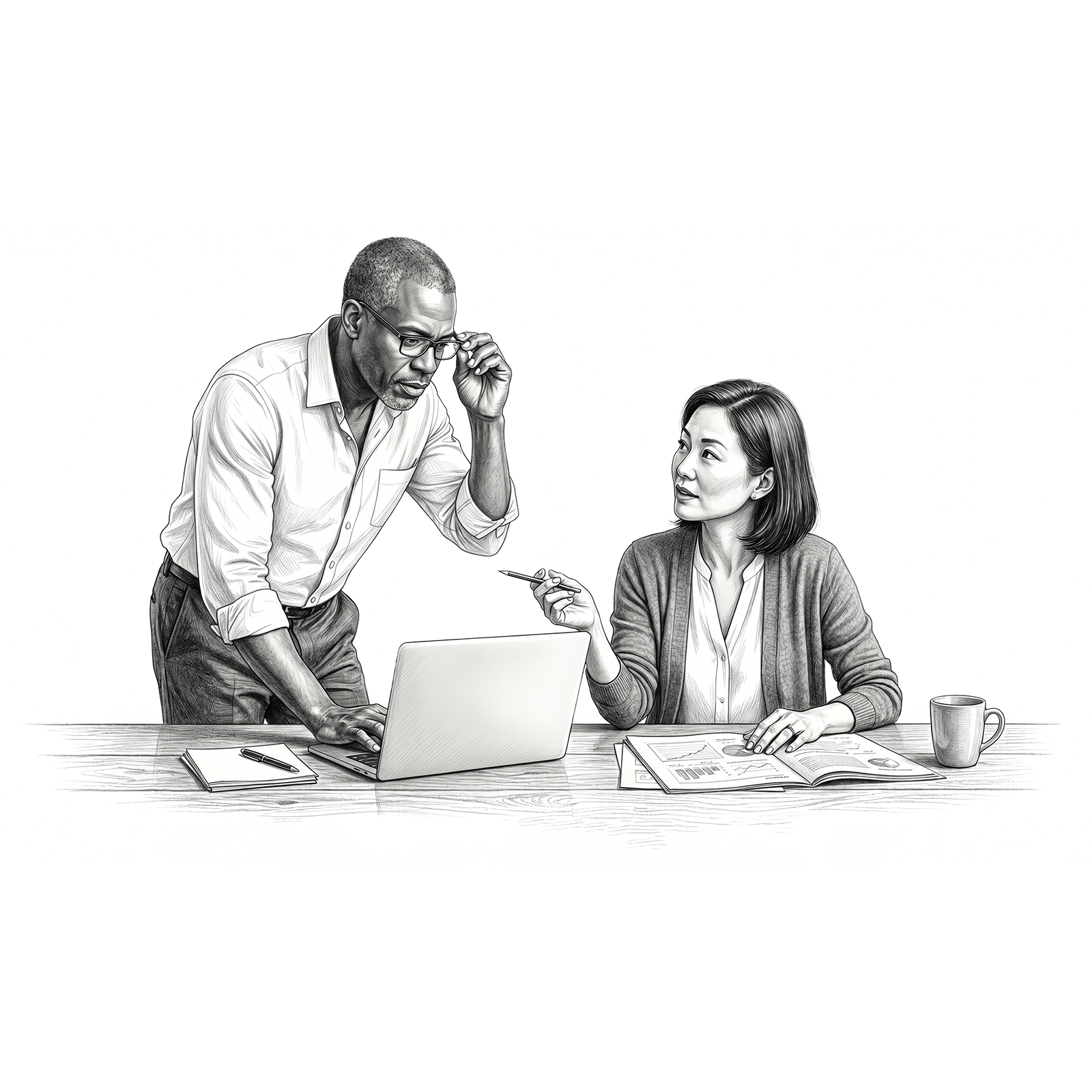 Illustration of two business professionals reviewing information together, representing leadership coaching, collaborative development, and talent assessment through RHR’s Leadership Assessment, Coaching, and Development Solutions.