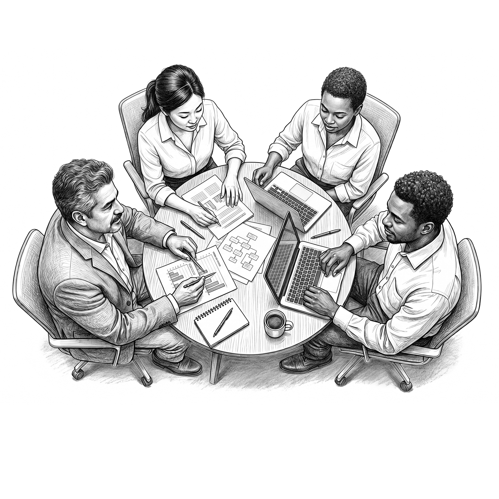 Illustration of business professionals collaborating around a table, representing leadership alignment, coaching collaboration, and team development through RHR’s Leadership Assessment, Coaching, and Development Solutions.