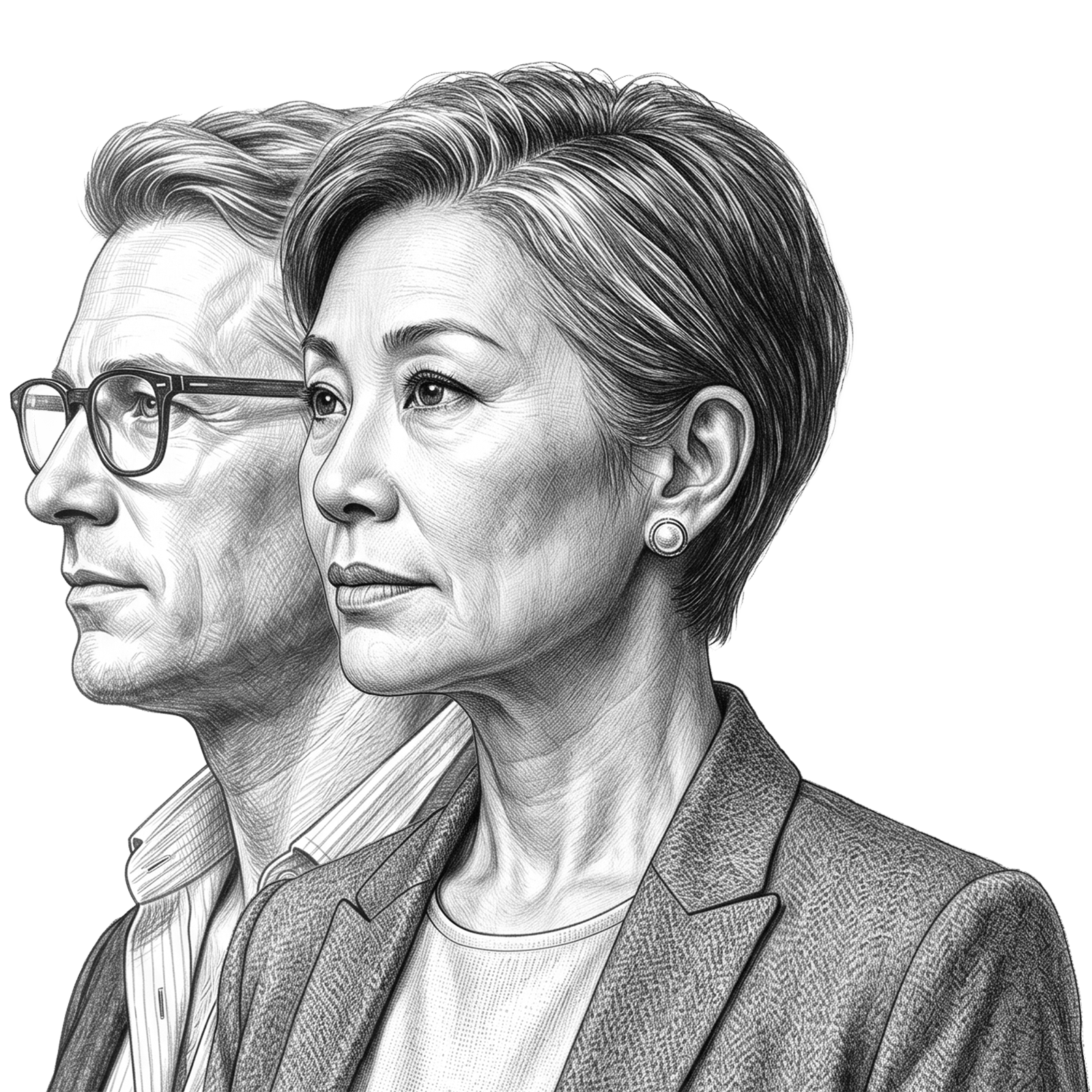 Illustration of two confident business leaders in profile, representing executive presence, leadership insight, and professional development through RHR’s Leadership Assessment, Coaching, and Development Solutions.