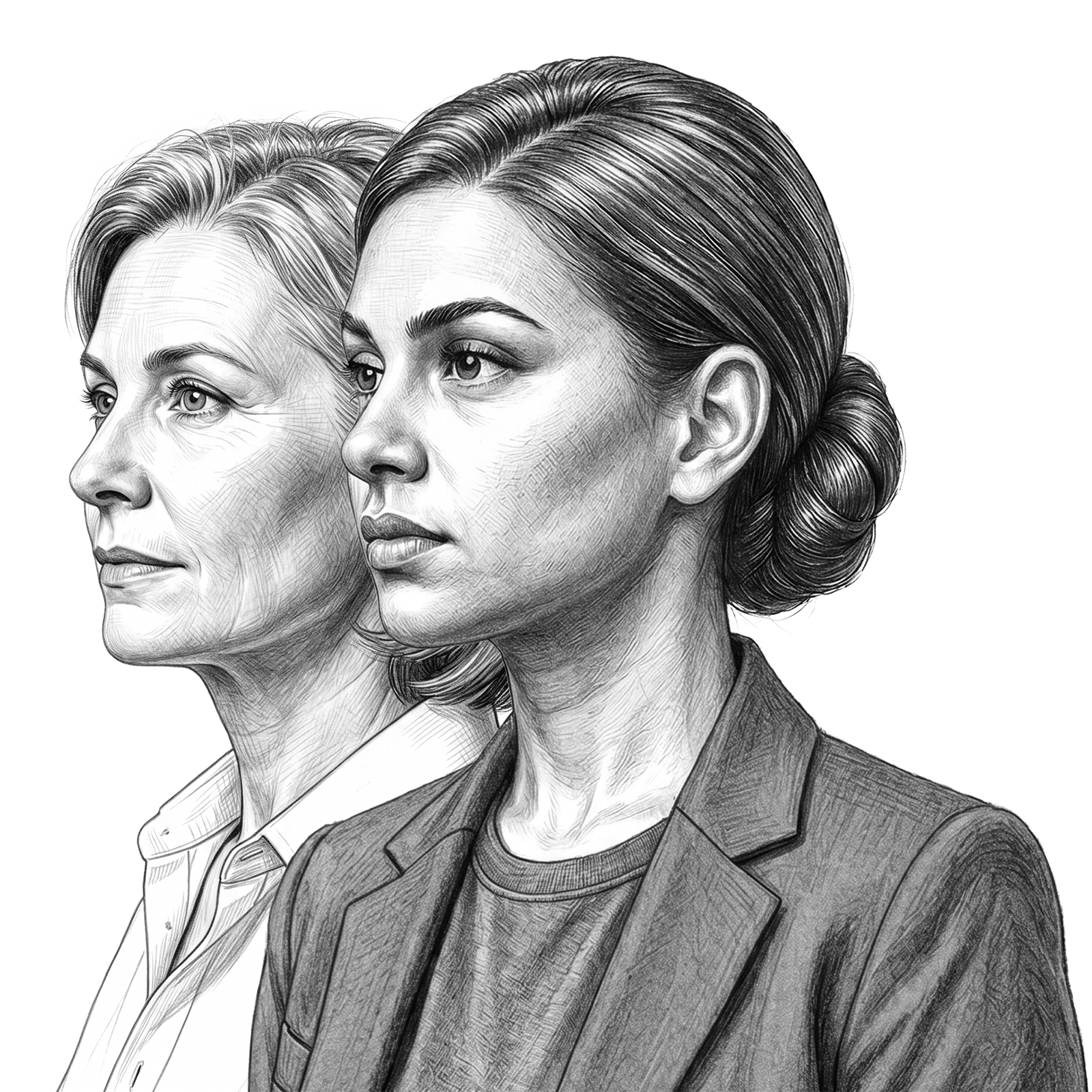 Illustration of two confident business leaders in profile, representing executive presence, leadership insight, and professional development through RHR’s Leadership Assessment, Coaching, and Development Solutions.