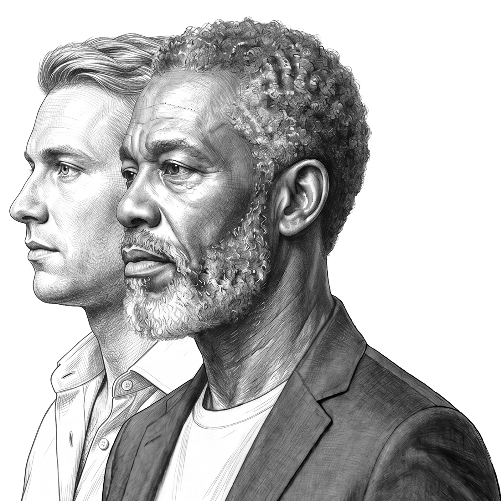 Illustration of two confident business leaders in profile, representing executive presence, leadership insight, and professional development through RHR’s Leadership Assessment, Coaching, and Development Solutions.