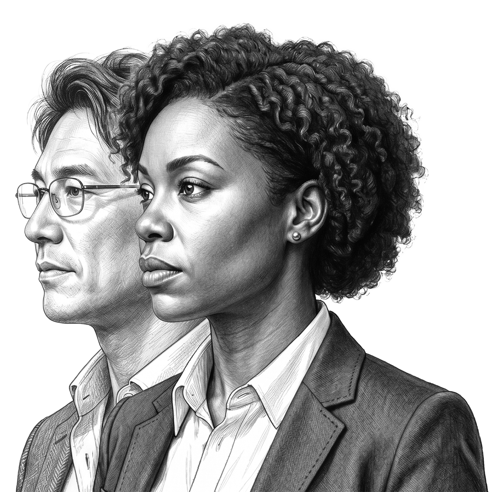 Illustration of two confident business leaders in profile, representing executive presence, leadership insight, and professional development through RHR’s Leadership Assessment, Coaching, and Development Solutions.