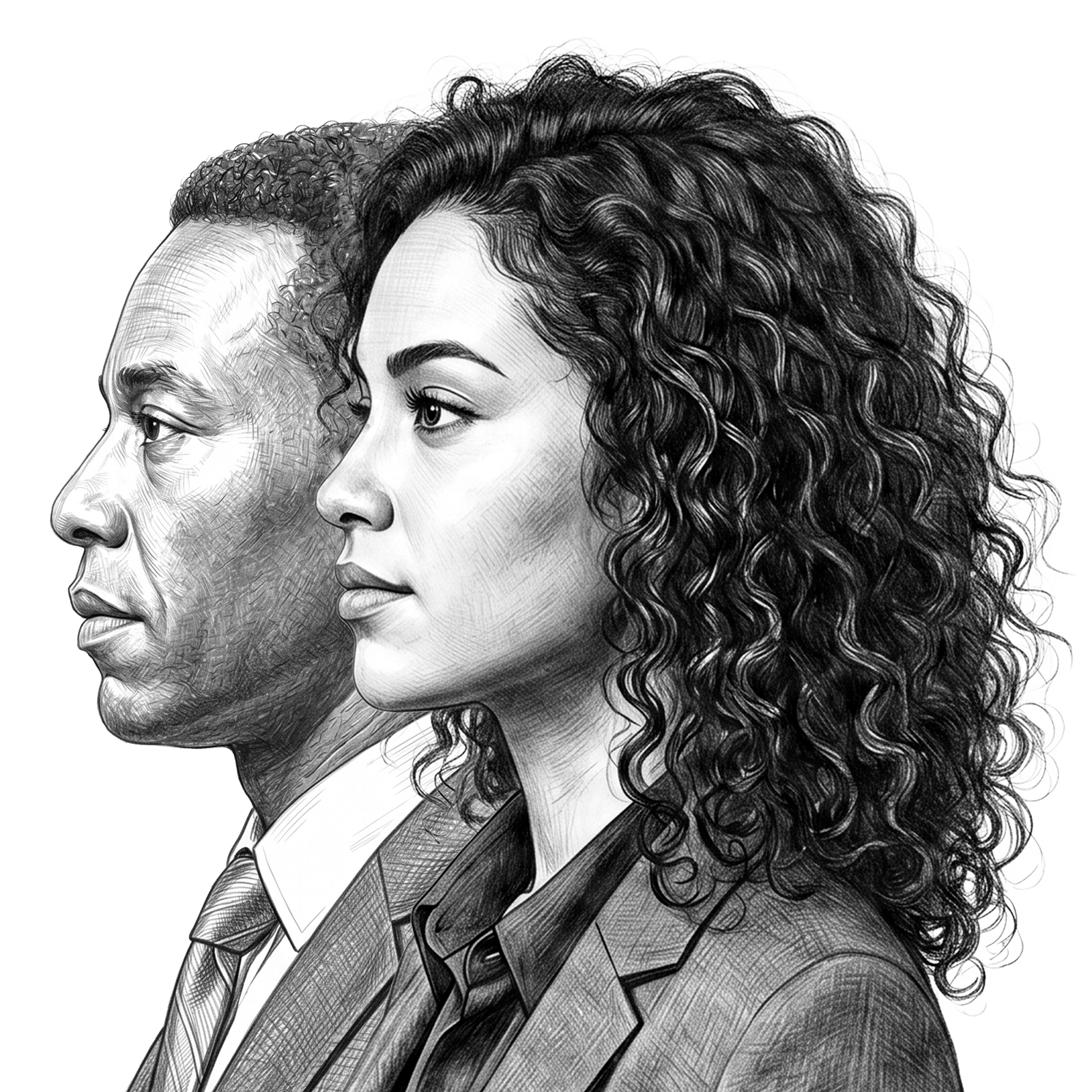 Illustration of two confident business leaders in profile, representing executive presence, leadership insight, and professional development through RHR’s Leadership Assessment, Coaching, and Development Solutions.