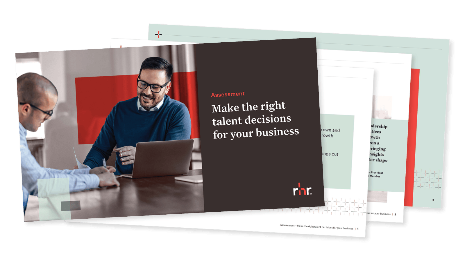 Front page image of a business assessment brochure featuring two professionals collaborating at a meeting table with a laptop, representing talent evaluation and strategic business decision-making.
