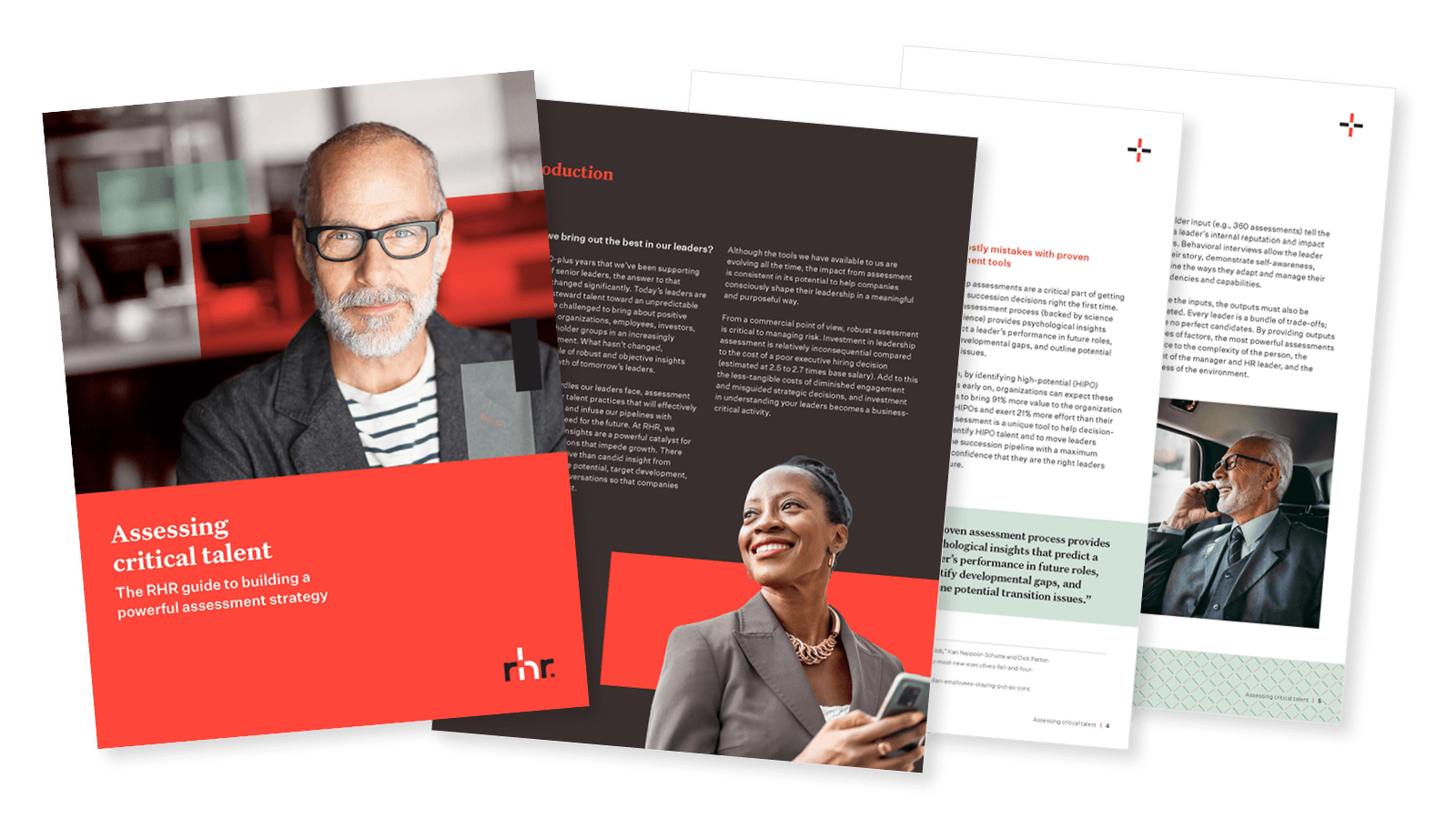 Front page image of an assessment strategy brochure featuring business professionals and leadership imagery, highlighting talent evaluation, executive assessment, and workforce development services.