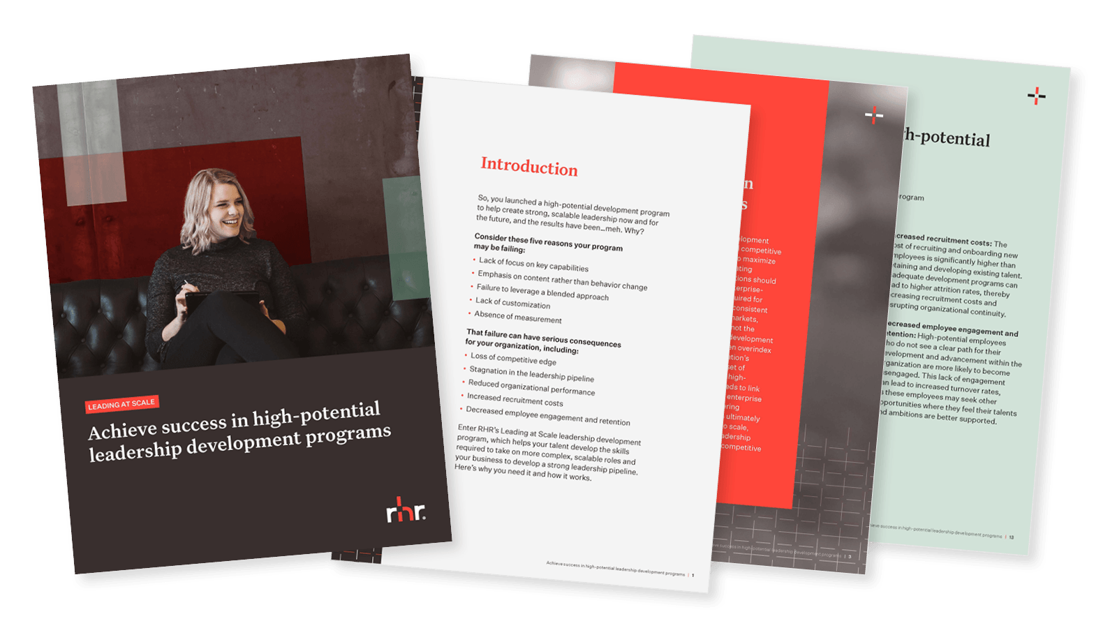 Front page image of a leadership development brochure featuring a professional woman seated in a modern office setting, highlighting high-potential leadership programs, executive growth, and talent development services.