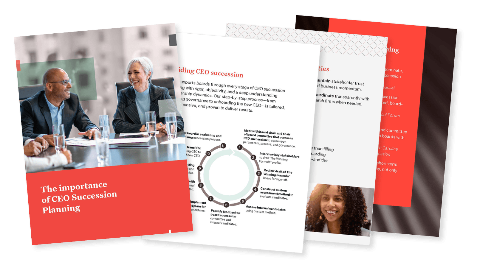 Front page image of a CEO succession planning brochure featuring executives in a boardroom meeting, highlighting leadership transition, governance, executive assessment, and strategic succession planning services.