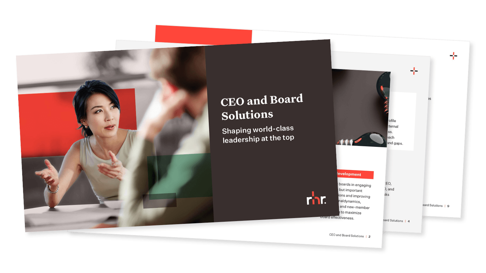 Front page image of a CEO and board solutions brochure featuring executives in discussion, highlighting leadership strategy, board effectiveness, executive assessment, and organizational governance services.