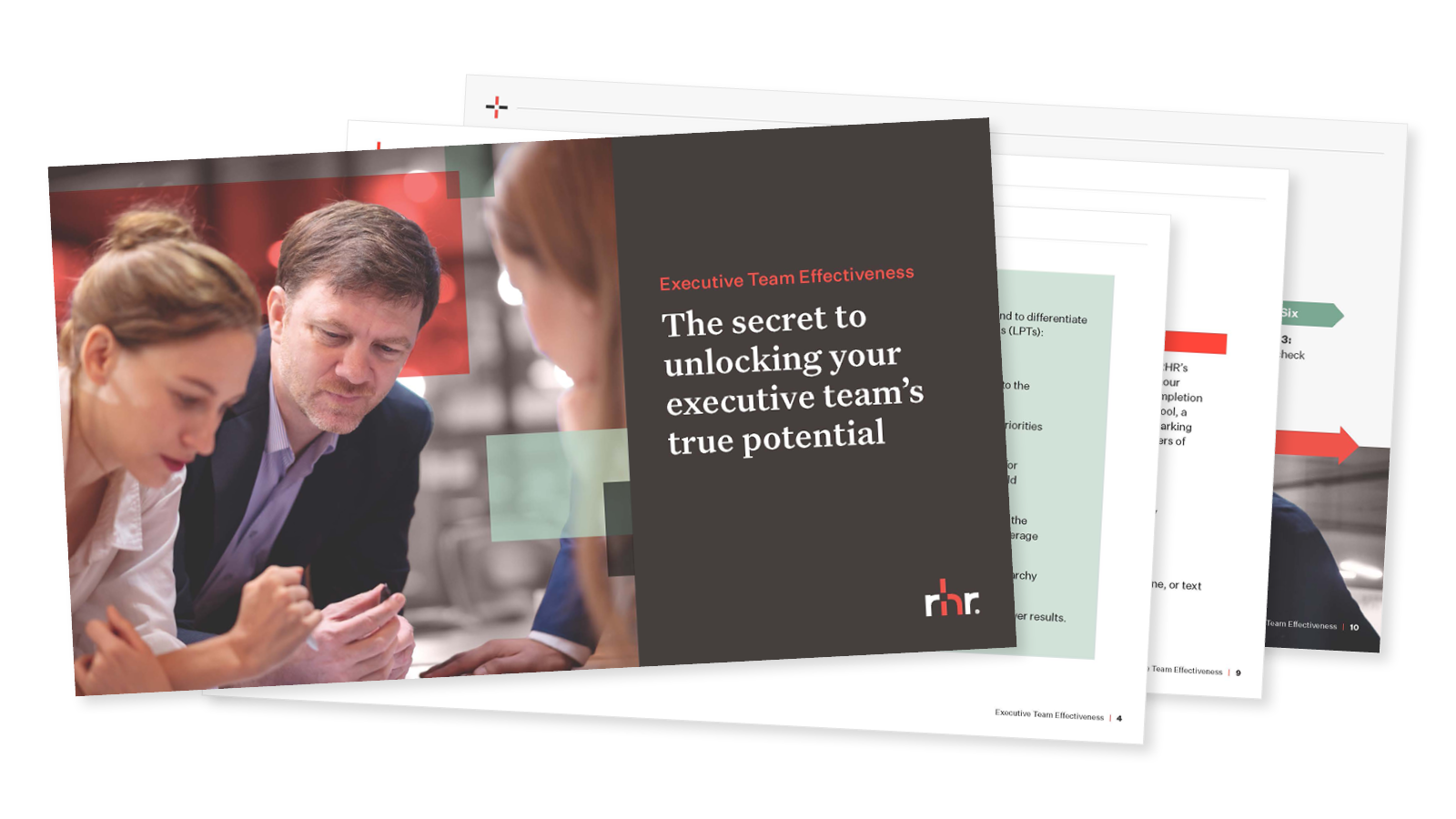 Executive Team Effectiveness brochure preview showing leaders collaborating, focused on unlocking executive team potential through alignment, trust, and stronger decision-making.