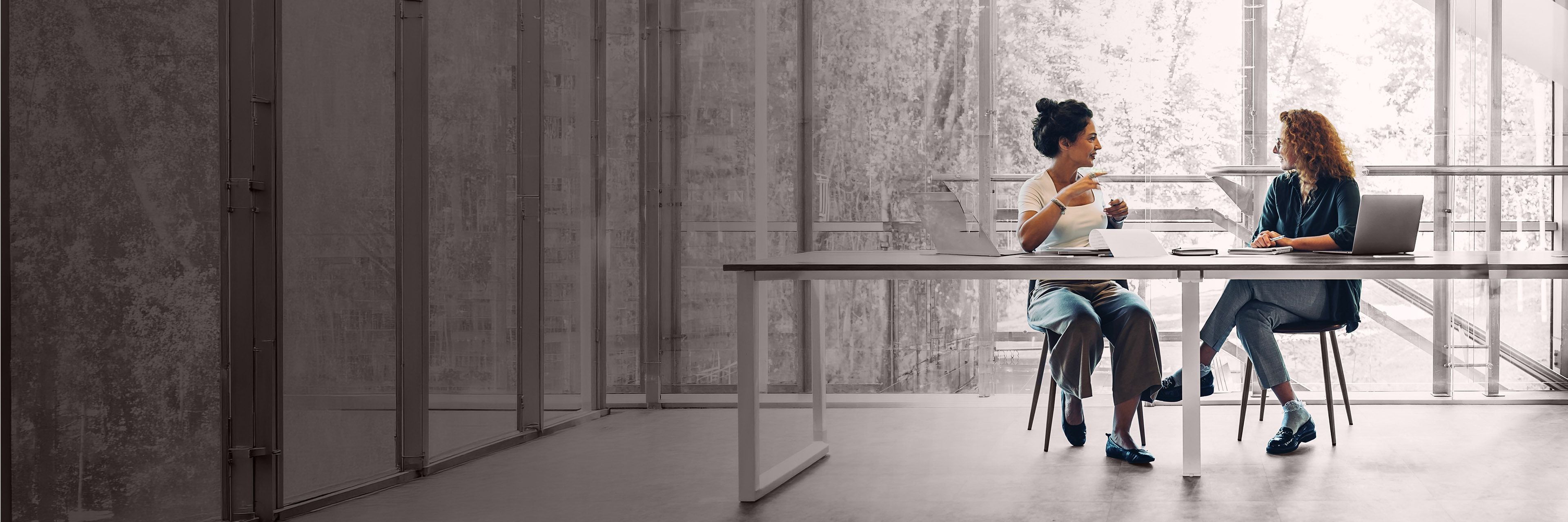 Wide banner image of two business professionals meeting at a modern office table, representing collaboration, leadership discussion, mentoring, and strategic teamwork in a corporate environment.
