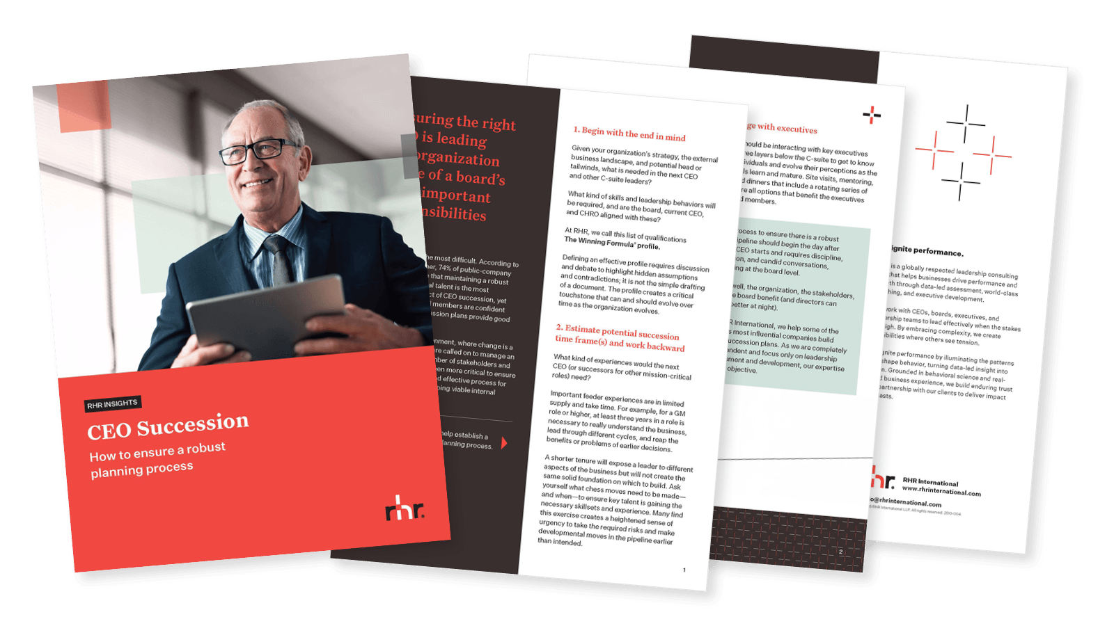 Cover and inside pages of a CEO succession guide titled “CEO Succession: How to ensure a robust planning process” focused on leadership continuity, succession strategy, and board governance.