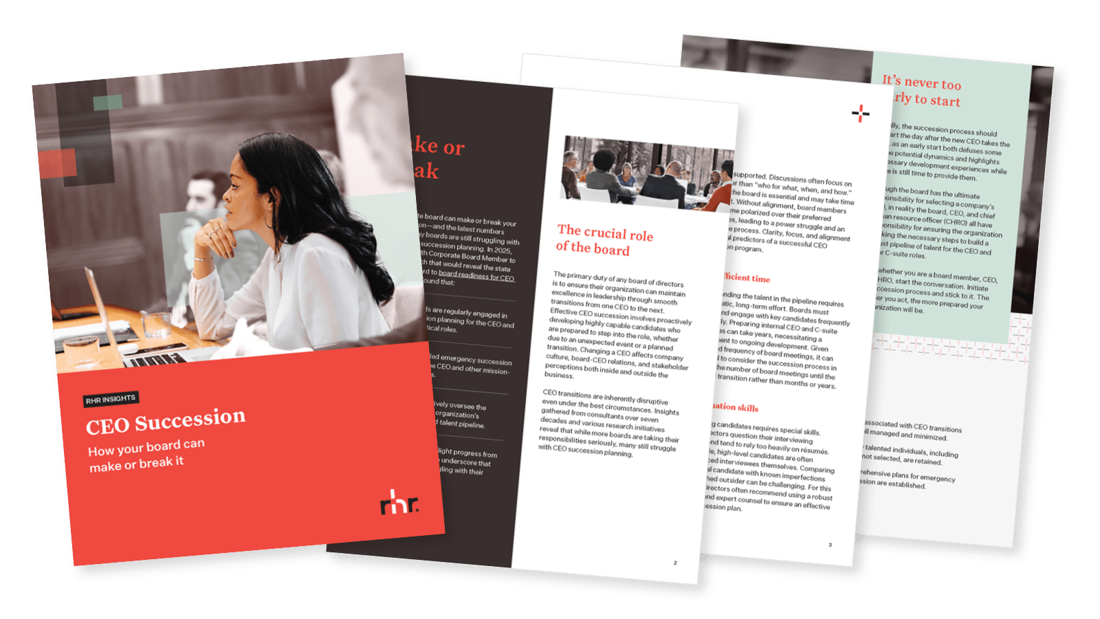 Cover and inside pages of a CEO succession guide titled “CEO Succession: How your board can make or break it” focused on board oversight, succession planning, and leadership continuity.