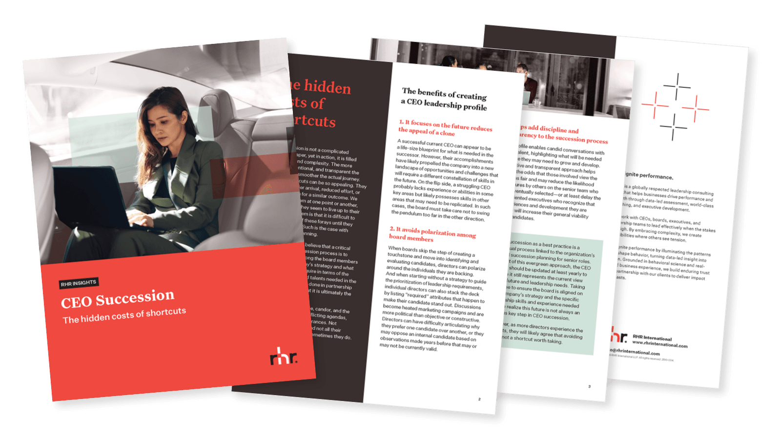 Cover and inside pages of a CEO succession guide titled “CEO Succession: The hidden costs of shortcuts” focused on succession strategy, leadership risk, and long-term organizational stability.