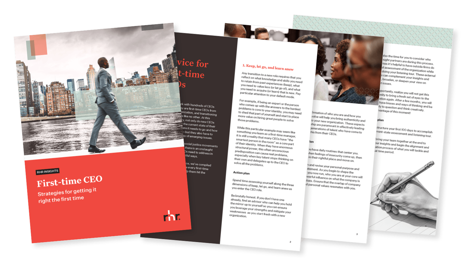 Cover and inside pages of a leadership transition guide titled “First-time CEO: Strategies for getting it right the first time” focused on CEO onboarding, executive transitions, and leadership success.