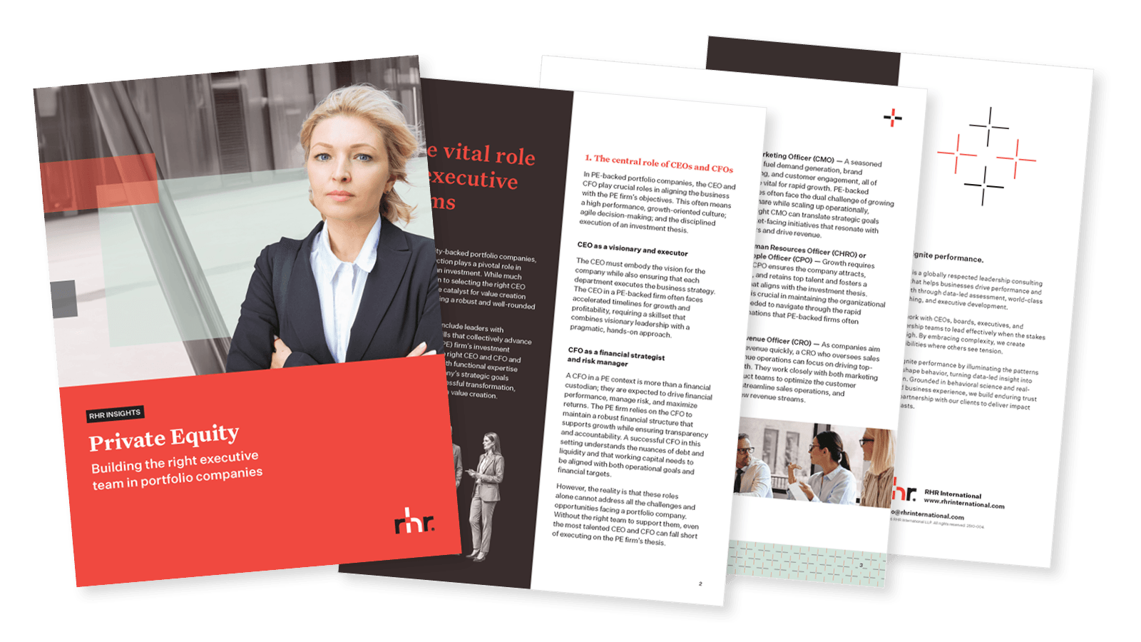 Cover and inside pages of a private equity leadership guide titled “Private Equity: Building the right executive team in portfolio companies” focused on executive assessment, leadership selection, and value creation.