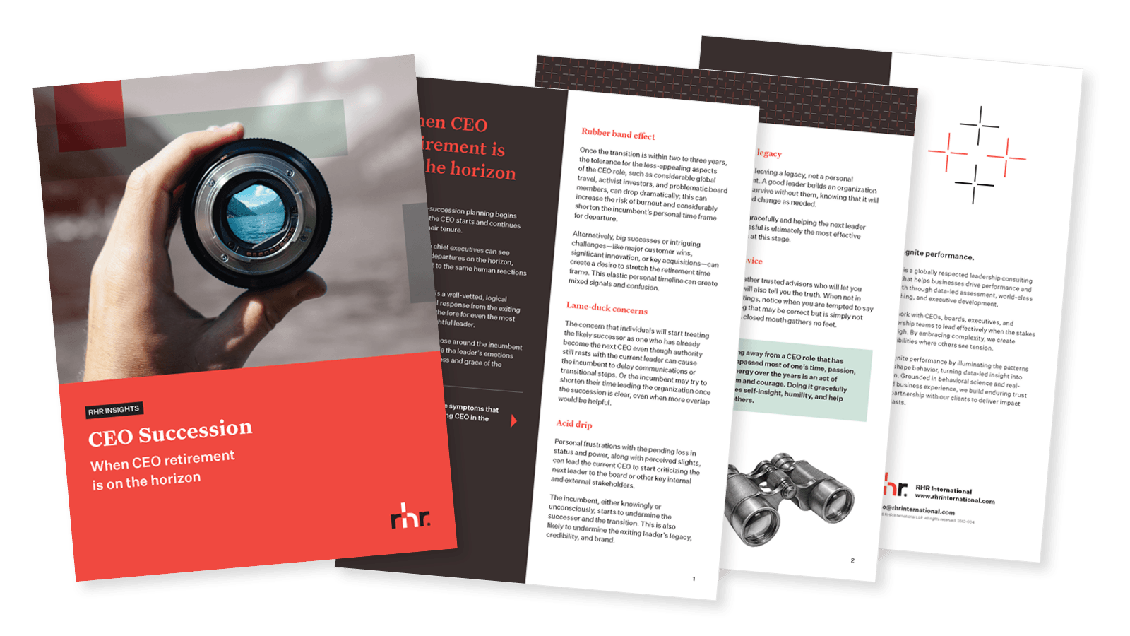 Cover and inside pages of a CEO succession guide titled “CEO Succession: When CEO retirement is on the horizon” focused on retirement transitions, leadership continuity, and succession planning.