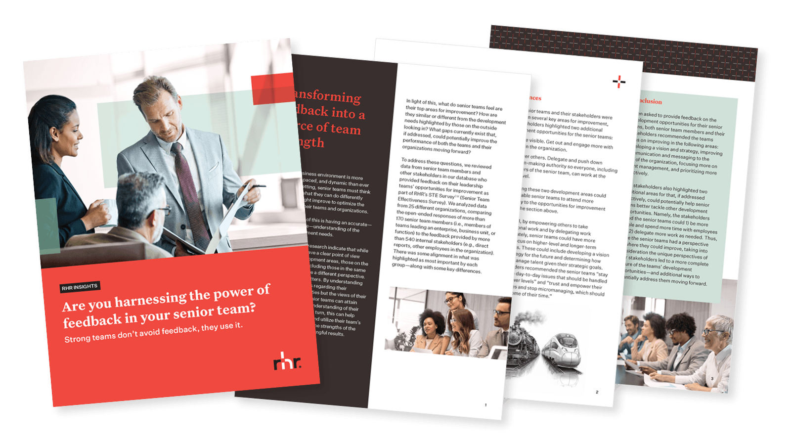 Cover and inside pages of a leadership feedback guide titled “Are you harnessing the power of feedback in your senior team?” focused on executive team development, communication, and high-performing leadership teams.