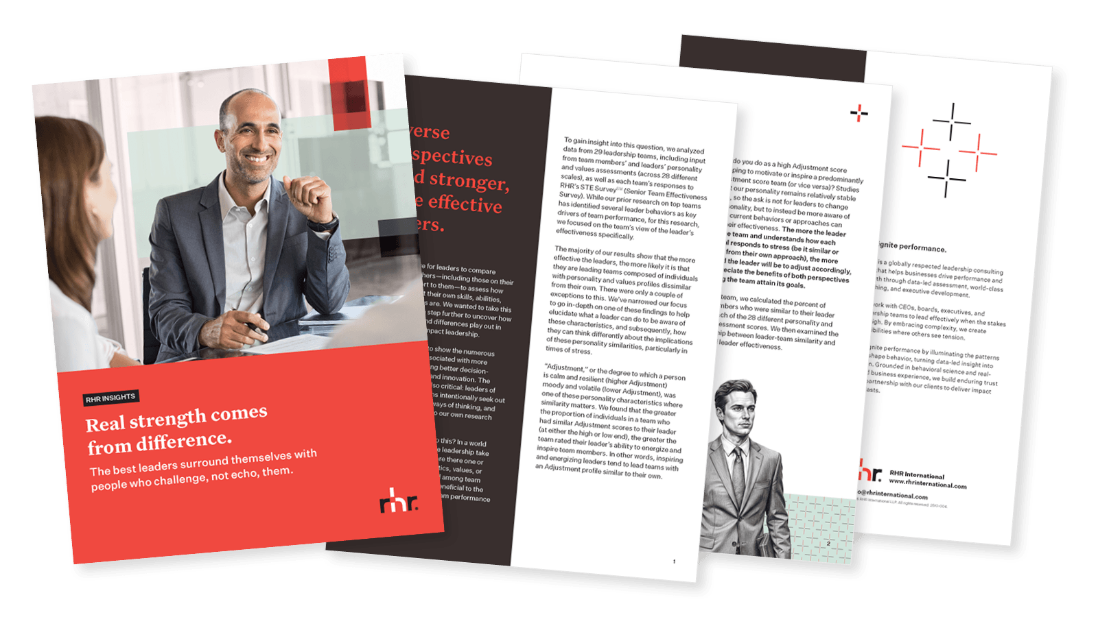 Cover and inside pages of a leadership guide titled “Real strength comes from difference” focused on diverse perspectives, inclusive leadership, and stronger executive decision-making.