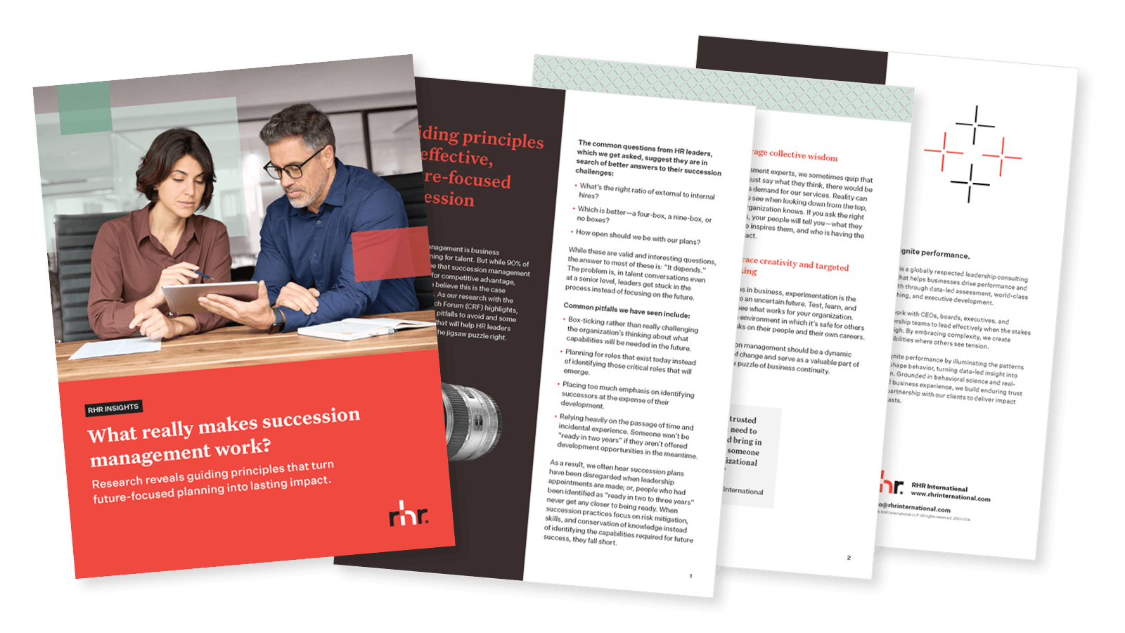 Cover and inside pages of a succession management guide titled “What really makes succession management work?” focused on future-focused leadership planning, talent strategy, and lasting organizational impact.