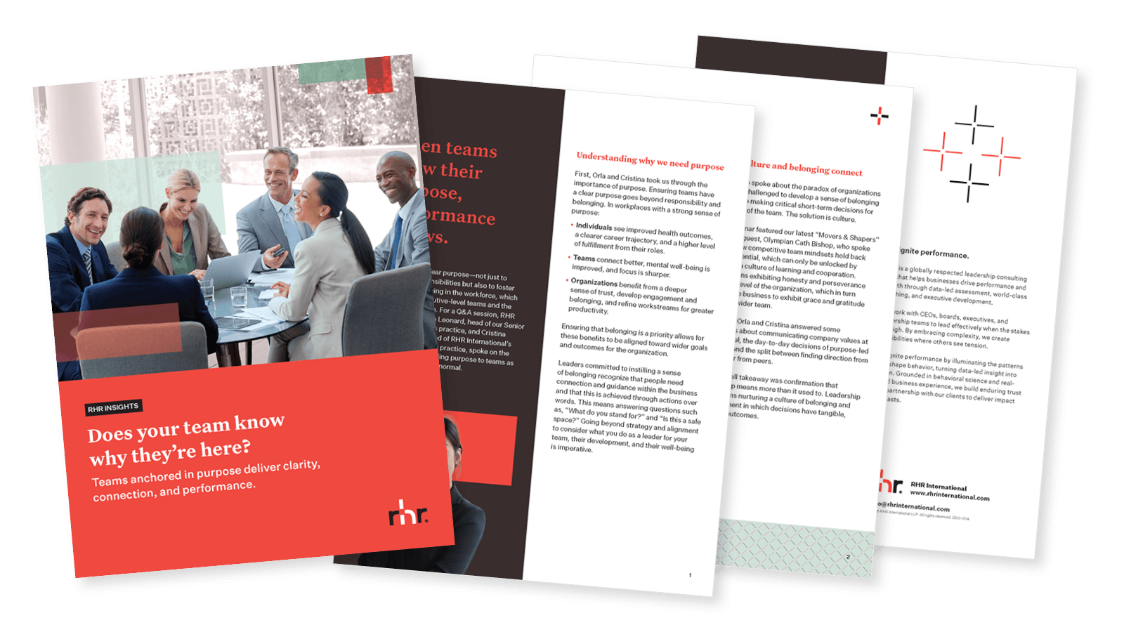 Cover and inside pages of a leadership and team performance guide titled “Does your team know why they’re here?” focused on purpose-driven teams, clarity, connection, belonging, and organizational performance.
