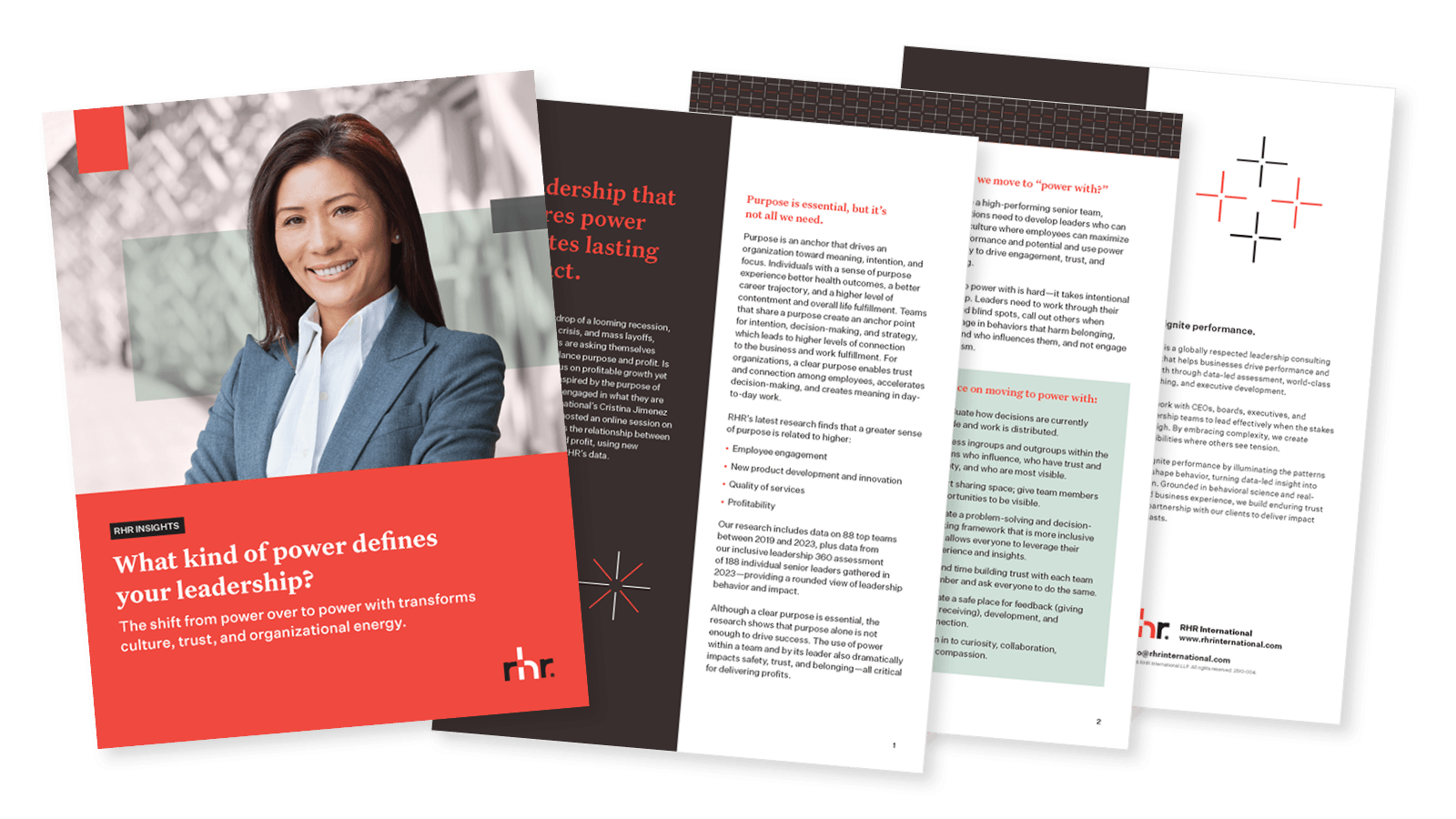 Cover and inside pages of a leadership insight booklet titled “What kind of power defines your leadership?” exploring the shift from “power over” to “power with,” emphasizing trust, culture, collaboration, employee engagement, and organizational impact.