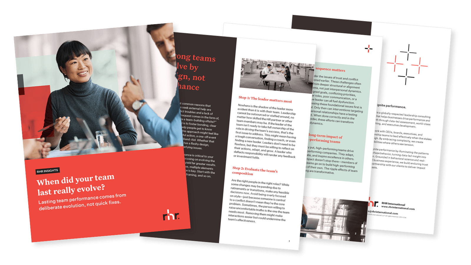 Cover and inside pages of a leadership development booklet titled “When did your team last really evolve?” focused on deliberate team evolution, leadership sequencing, team composition, long-term performance, and avoiding quick-fix approaches to organizational effectiveness.