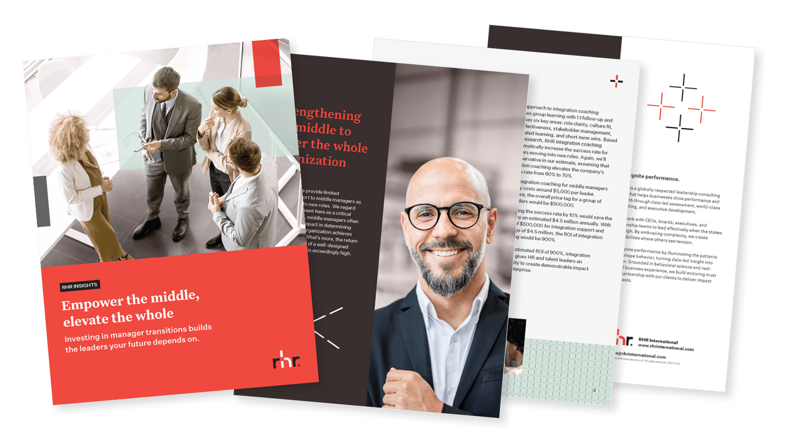 Cover and inside pages of a leadership development guide titled “Empower the middle, elevate the whole,” focused on manager transitions, leadership growth, and organizational performance.