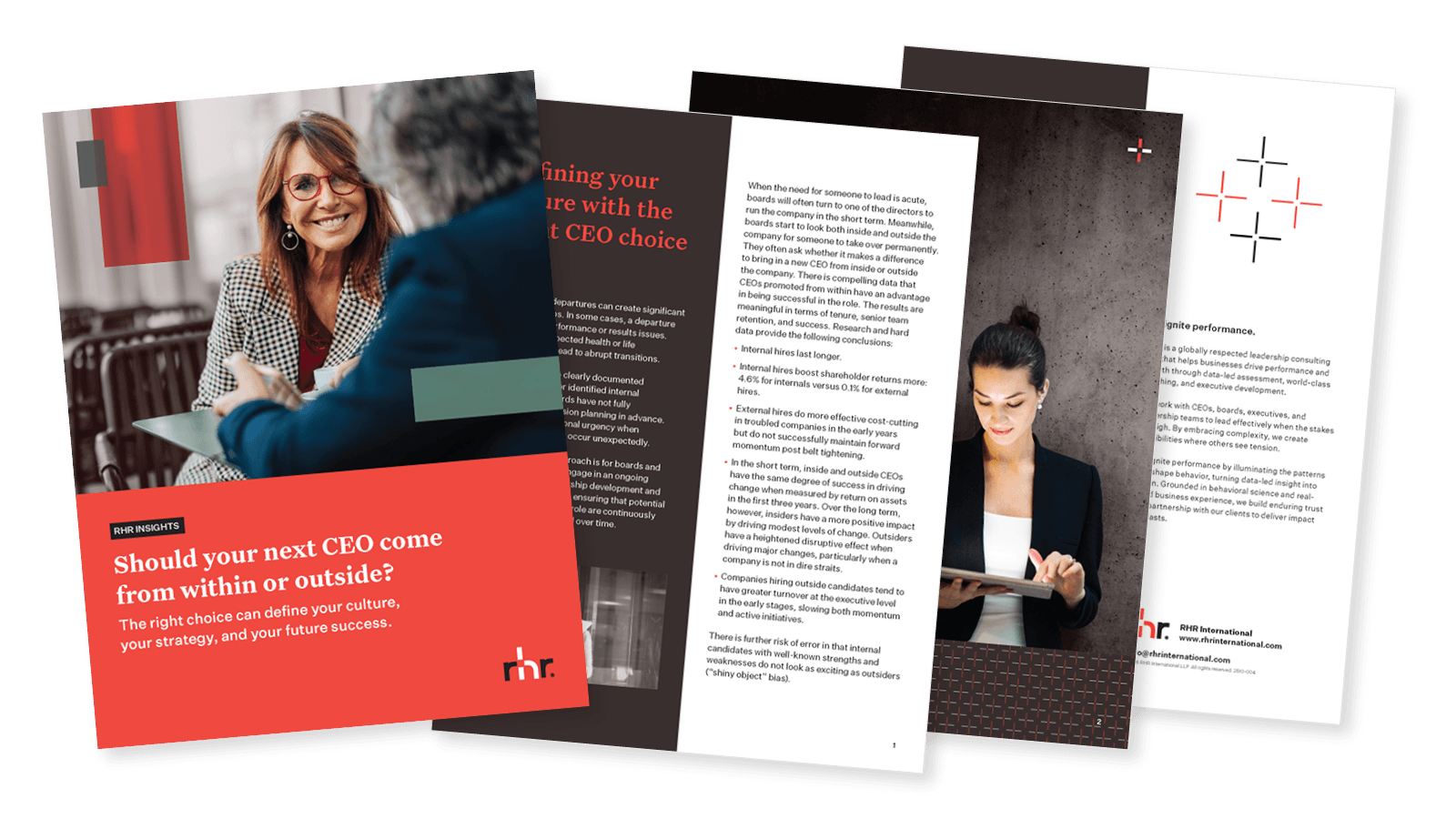 Cover and inside pages of a CEO succession guide titled “Should your next CEO come from within or outside?” focused on leadership selection, succession strategy, and long-term organizational success.
