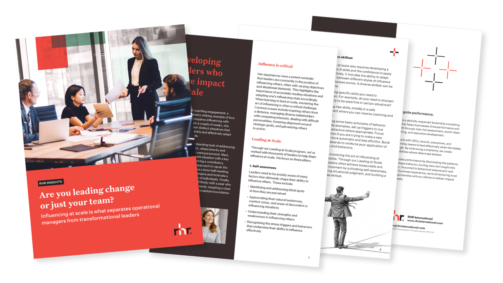 Cover and inside pages of a leadership development guide titled “Are you leading change or just your team?” focused on influence, transformational leadership, and leading effectively at scale.