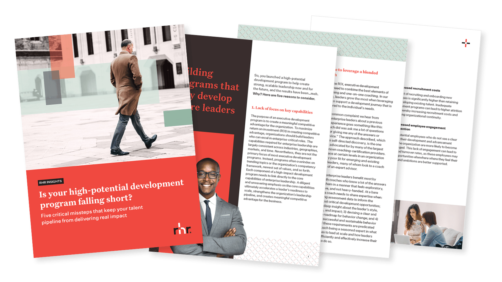 Cover and inside pages of a leadership development guide titled “Is your high-potential development program falling short?” focused on leadership pipeline development, high-potential talent, and future leadership readiness.