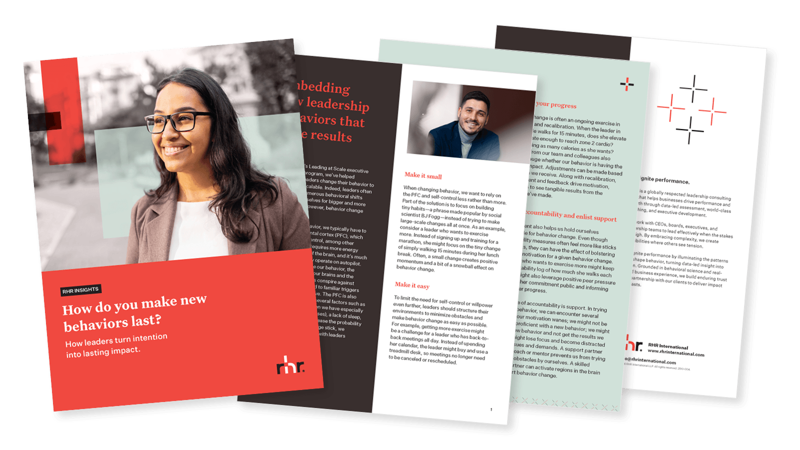 Cover and inside pages of a leadership development guide titled “How do you make new behaviors last?” focused on sustaining behavior change, leadership effectiveness, and lasting organizational impact.