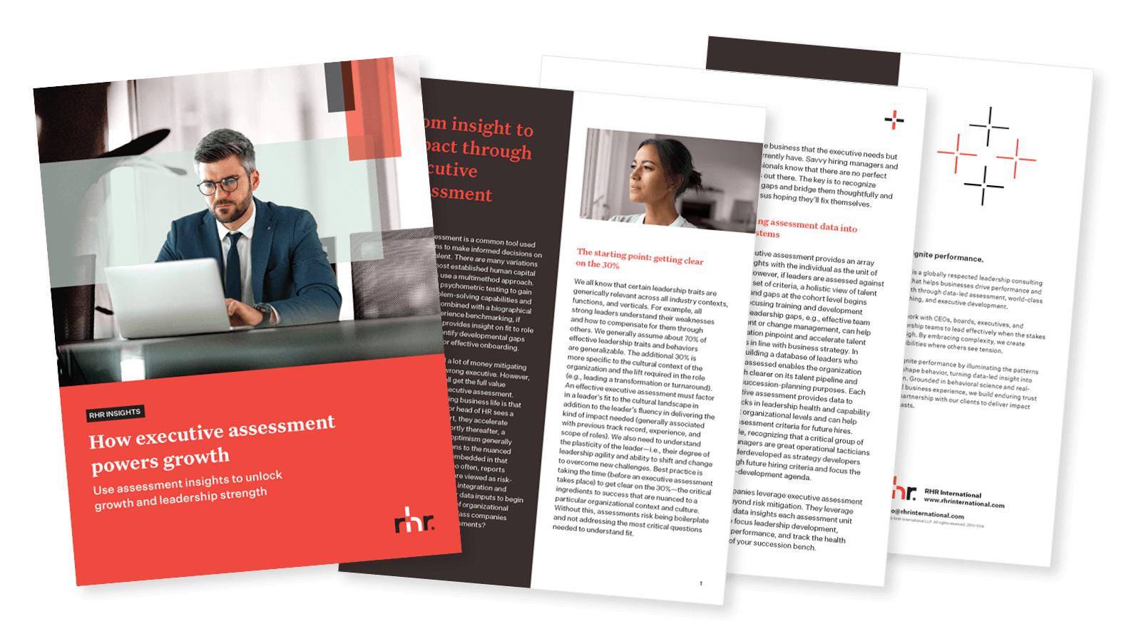 Cover and inside pages of an executive assessment guide titled “How executive assessment powers growth” focused on leadership assessment, executive development, and organizational performance.