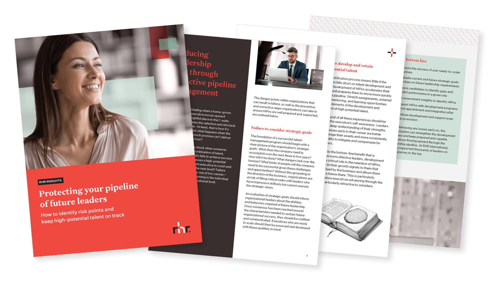 Cover and inside pages of a leadership pipeline guide titled “Protecting your pipeline of future leaders” focused on high-potential talent development, succession planning, and leadership retention.