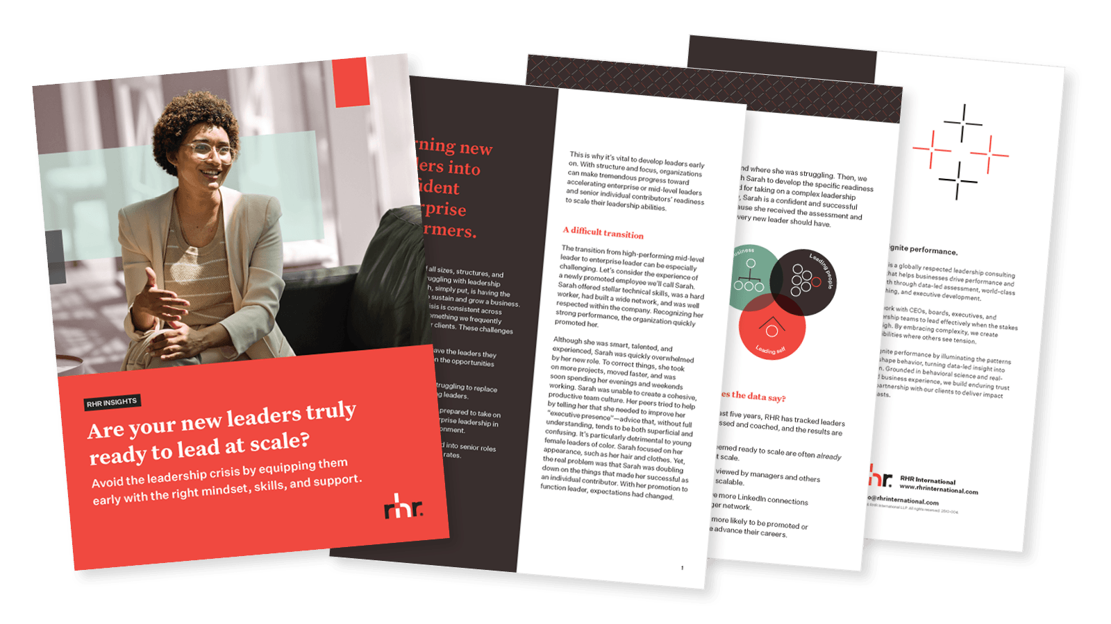 Cover and inside pages of a leadership development guide titled “Are your new leaders truly ready to lead at scale?” focused on leadership transitions, manager readiness, and scaling leadership effectiveness.