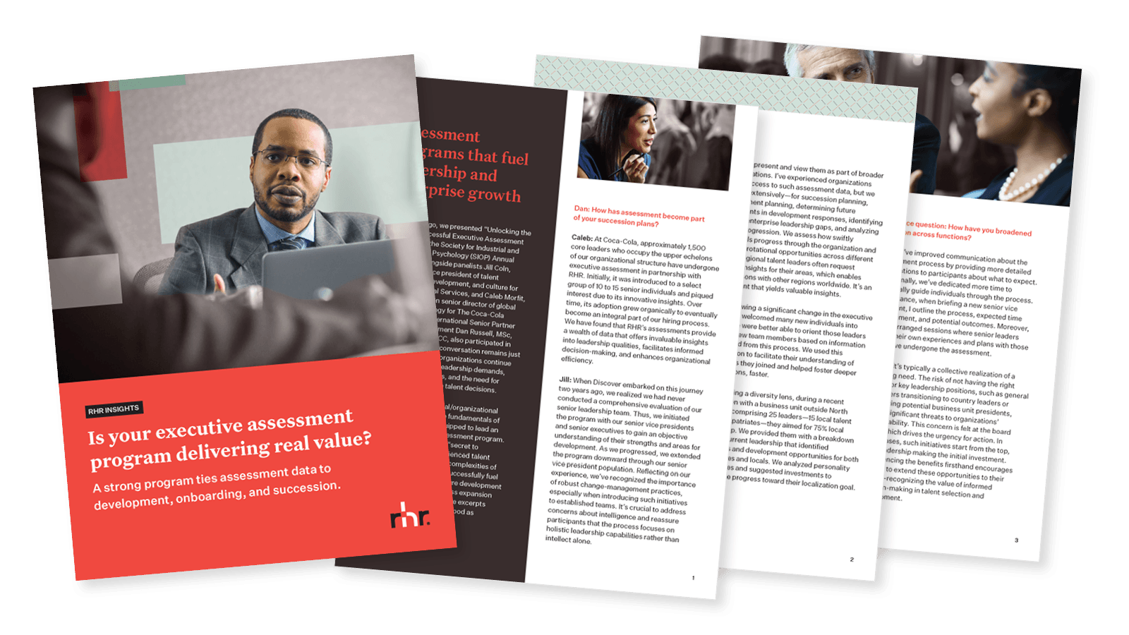Cover and inside pages of an executive assessment guide titled “Is your executive assessment program delivering real value?” focused on leadership assessment, onboarding, succession planning, and enterprise growth.