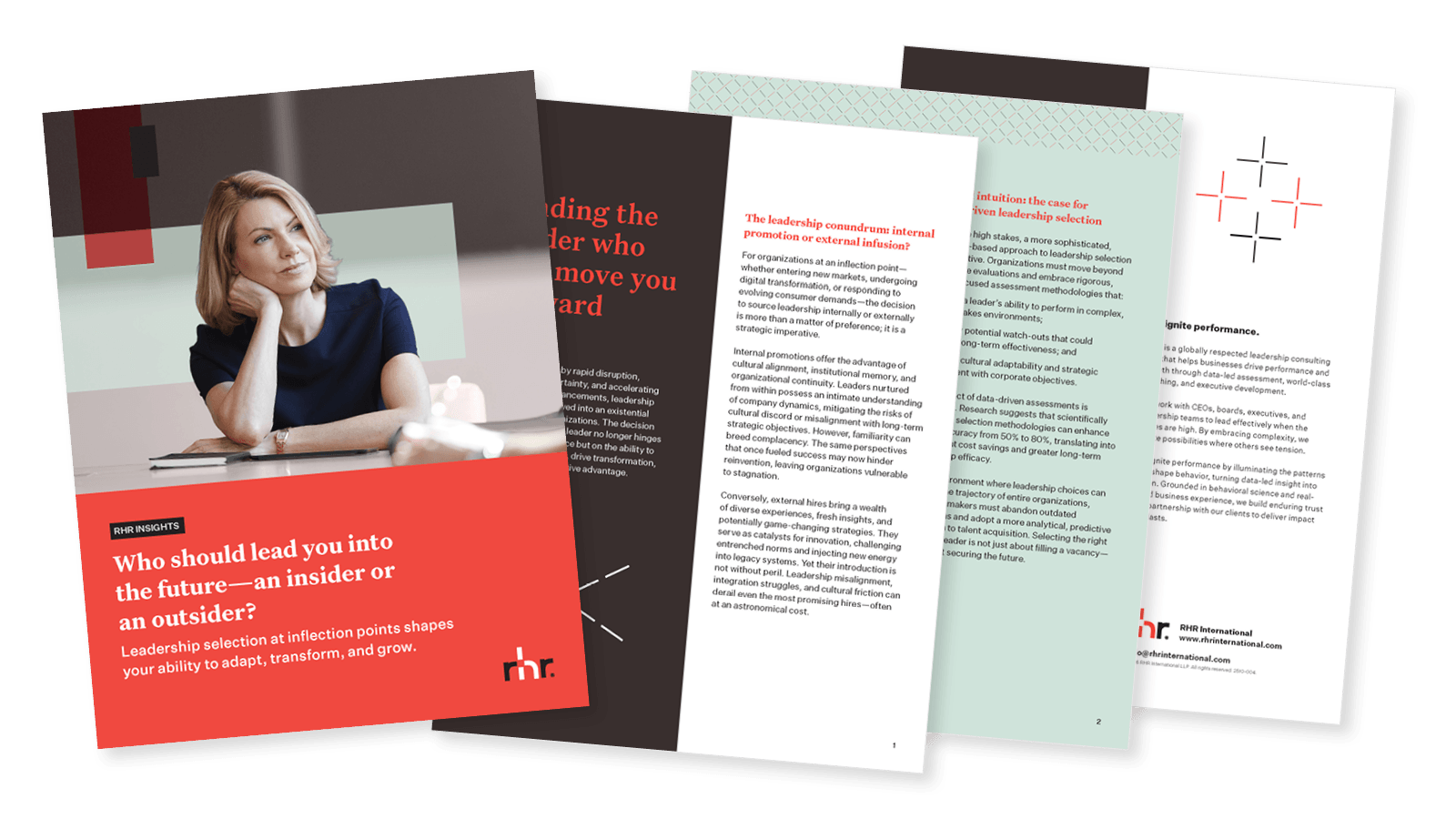 Cover and inside pages of a leadership selection guide titled “Who should lead you into the future—an insider or an outsider?” focused on executive hiring, leadership transitions, and organizational transformation.