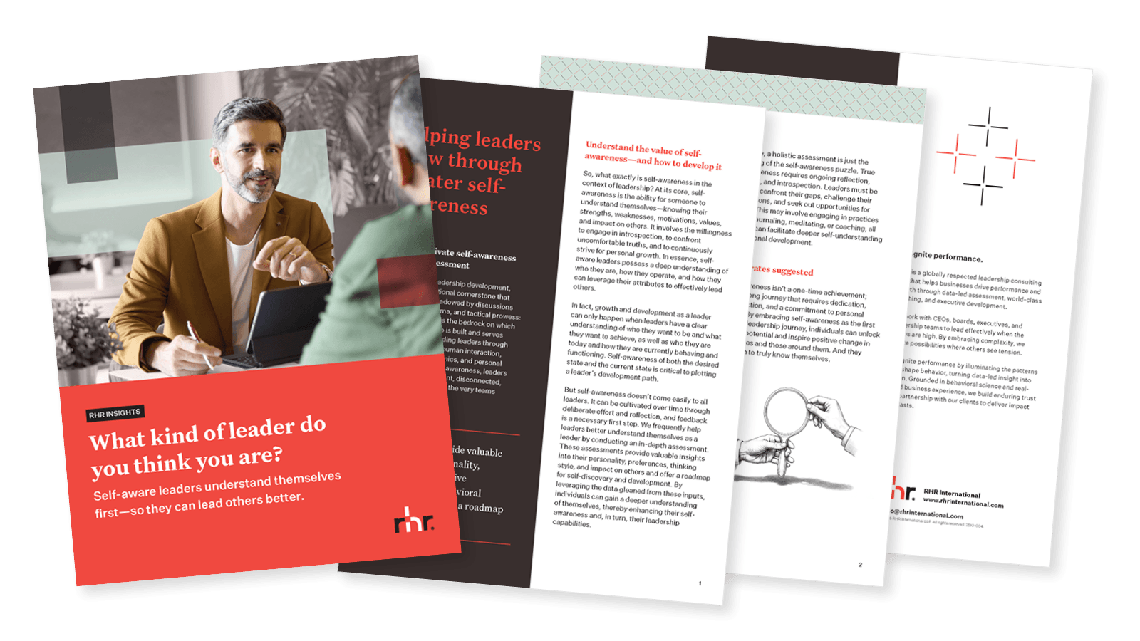 Cover and inside pages of a leadership development guide titled “What kind of leader do you think you are?” focused on self-awareness, executive growth, and leadership effectiveness.