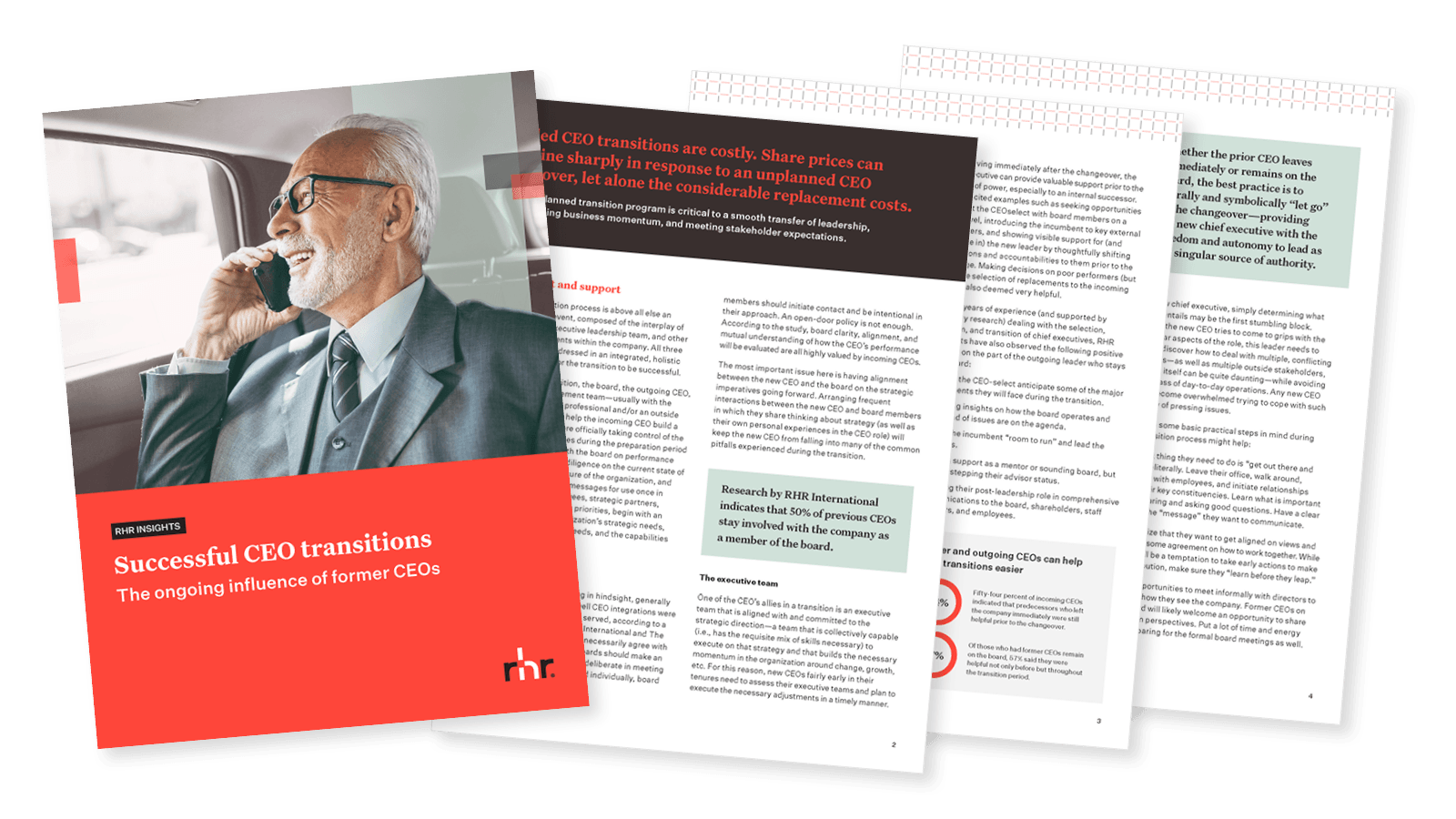 Cover and inside pages of a leadership transition guide titled “Successful CEO transitions” focused on CEO succession, executive continuity, and the ongoing influence of former CEOs.