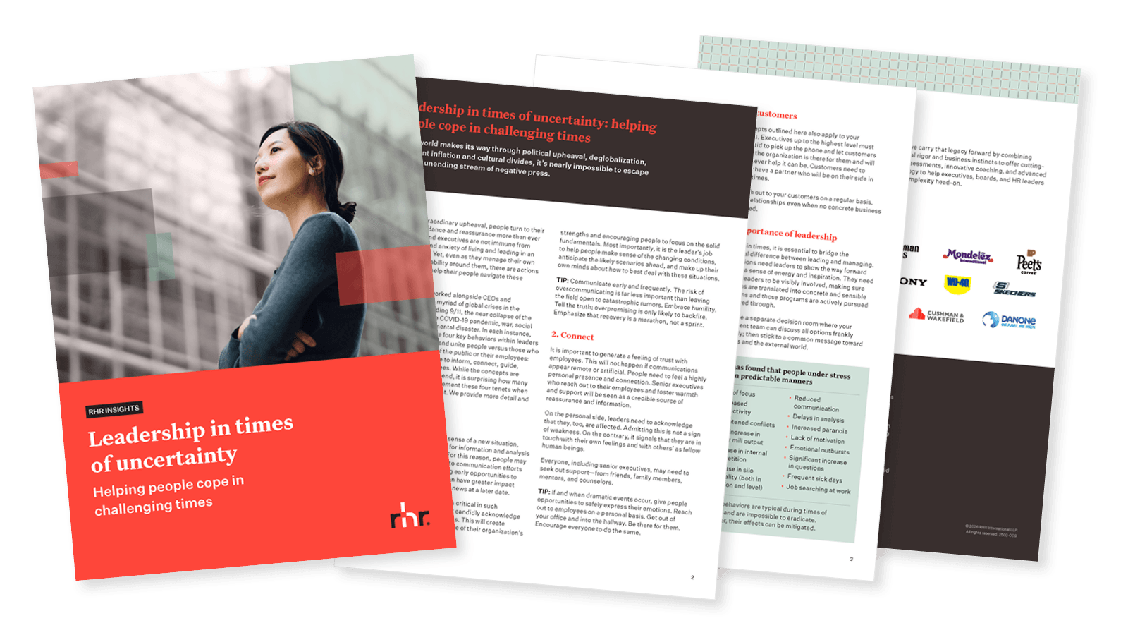 Cover and inside pages of a leadership guide titled “Leadership in times of uncertainty” focused on helping leaders navigate disruption, resilience, and organizational challenges during periods of change.
