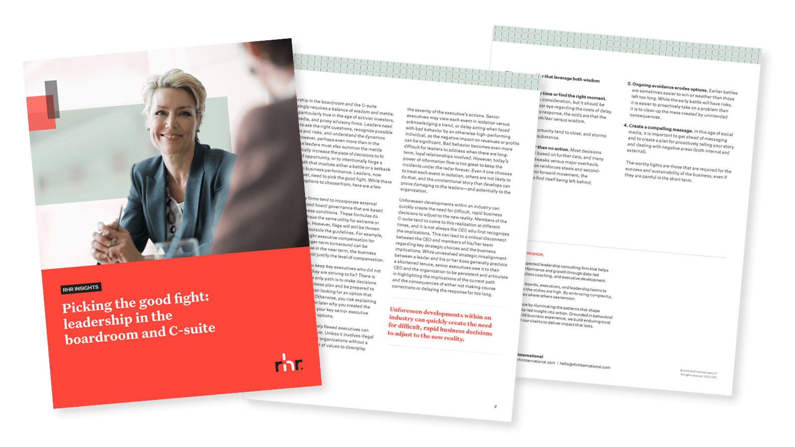 Cover and inside pages of a leadership guide titled “Picking the good fight: leadership in the boardroom and C-suite” focused on executive decision-making, board dynamics, and strategic leadership alignment.