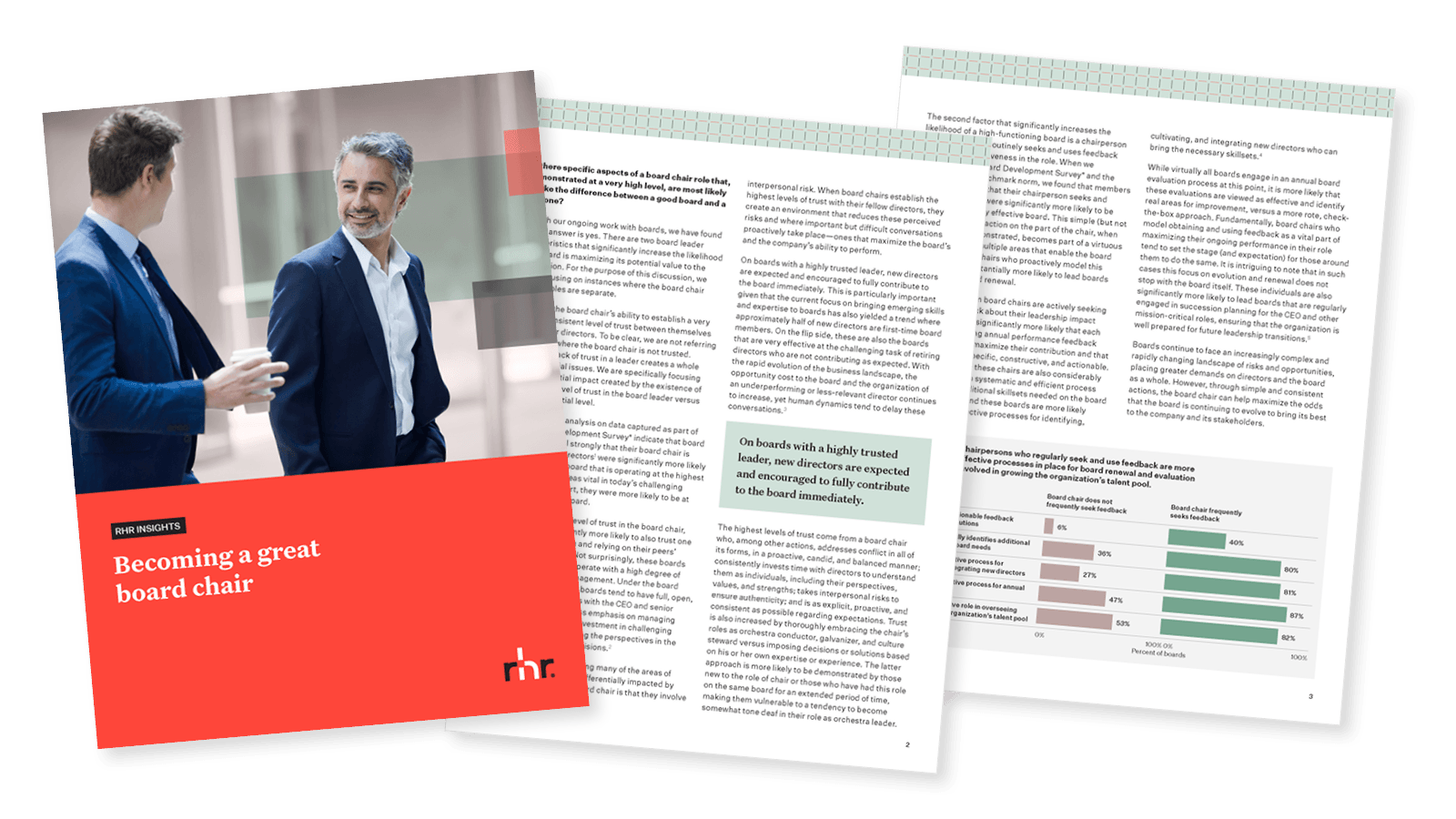 Cover and inside pages of a governance guide titled “Becoming a great board chair” focused on board leadership, governance effectiveness, and executive oversight.