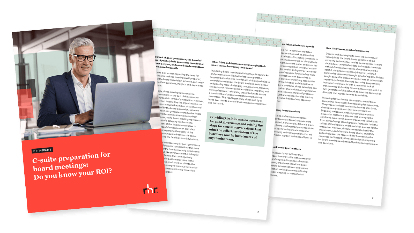 Cover and interior pages of RHR Insights, C-suite preparation for board meetings: Do you know your ROI?, featuring a front-cover image of a senior executive at a laptop alongside article pages with leadership guidance, insights, and practical recommendations for boardroom effectiveness.