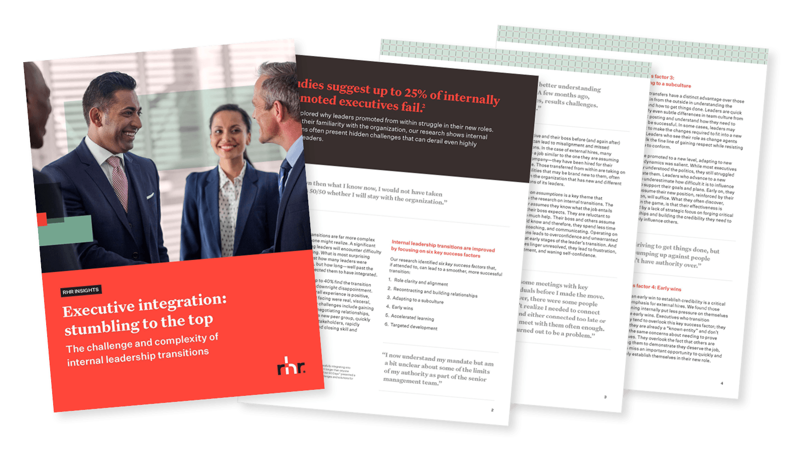Cover and inside pages of a leadership transition guide titled “Executive integration: stumbling to the top” focused on internal executive transitions, leadership onboarding, and accelerating executive success.