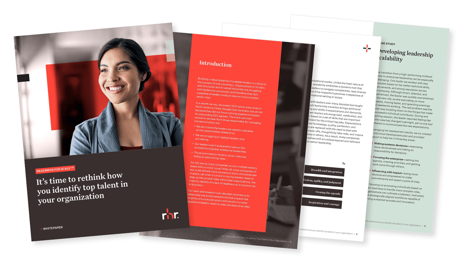 Front page image of a talent identification whitepaper featuring a professional businesswoman, highlighting leadership assessment, high-potential talent identification, and scalable leadership development strategies.