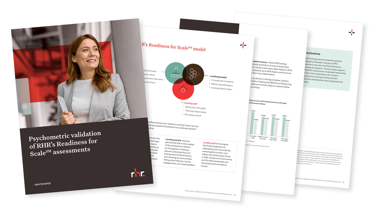 Front page image of a psychometric assessment whitepaper featuring a professional businesswoman, highlighting leadership assessment, readiness for scale, executive evaluation, and organizational development strategies.