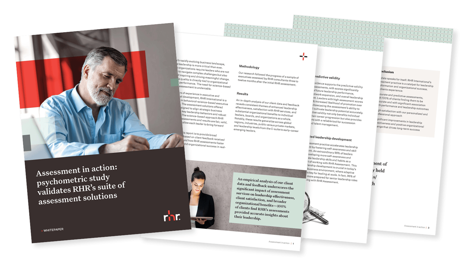 Front page image of an assessment solutions whitepaper featuring a professional businessman, highlighting psychometric validation, leadership assessment, executive evaluation, and organizational development services.