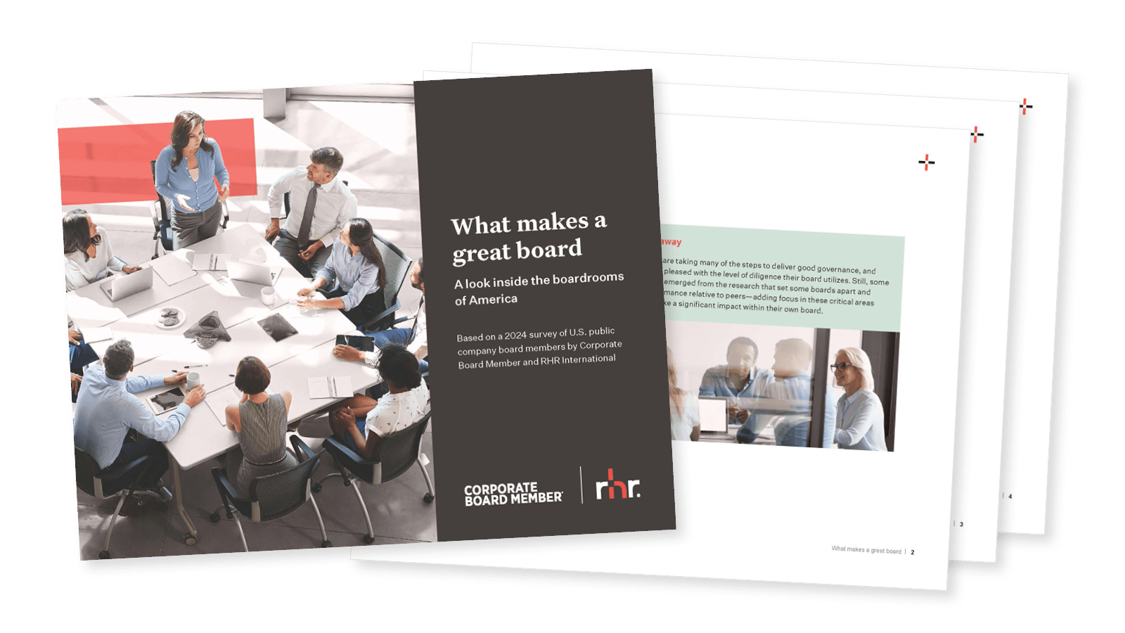 CEO and Board Solutions white paper preview for What Makes a Great Board, based on RHR International and Corporate Board Member research.