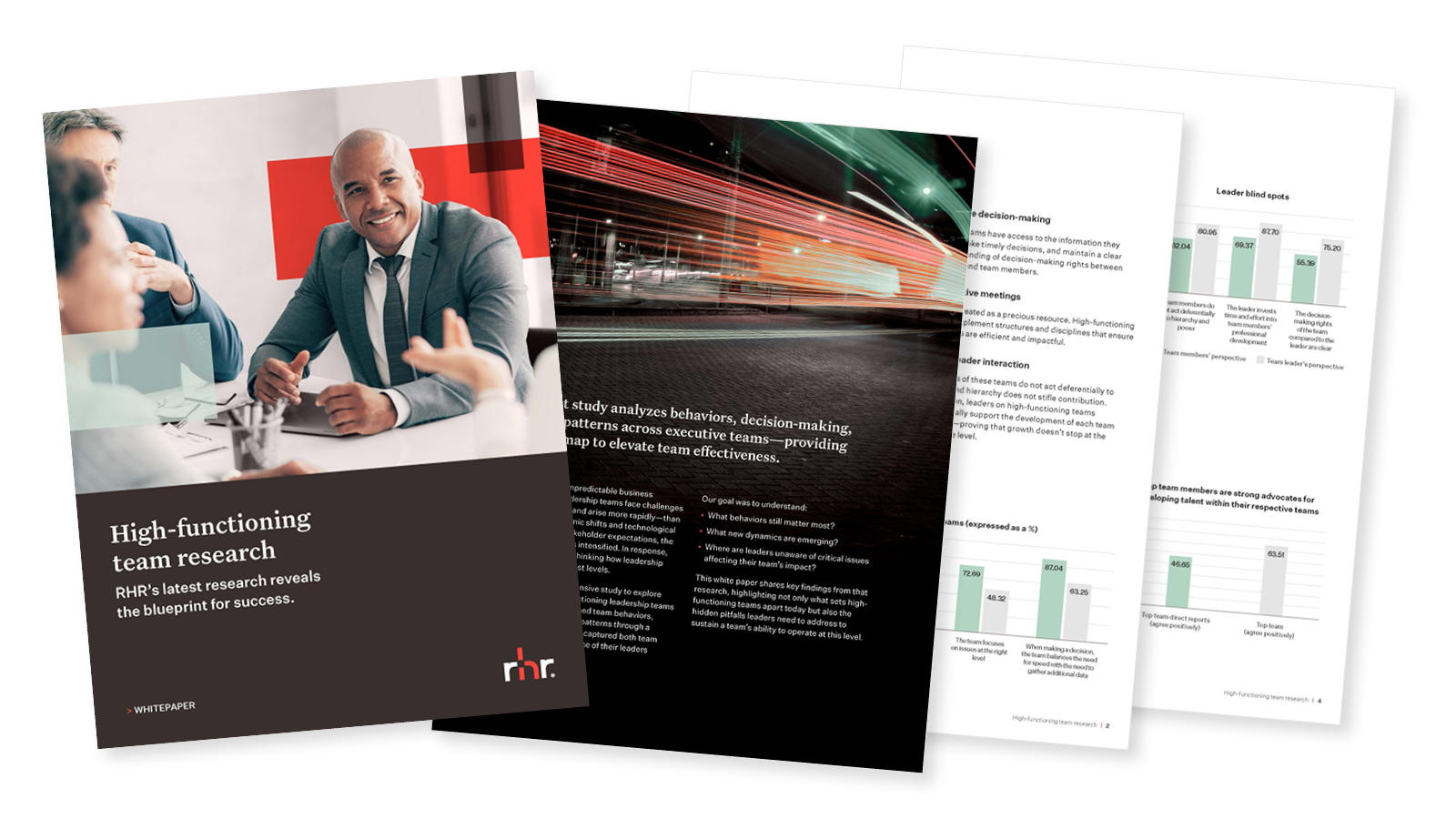 High-functioning team research white paper preview showing senior leaders in discussion, based on RHR research on team effectiveness and leadership team performance.